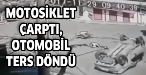 Motosiklet çarptı, otomobil ters döndü
